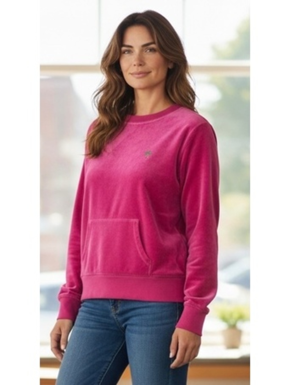 Lilly Pulitzer Pink Velour Crewneck Sweatshirt Kangaroo Pocket Size Medium EUC